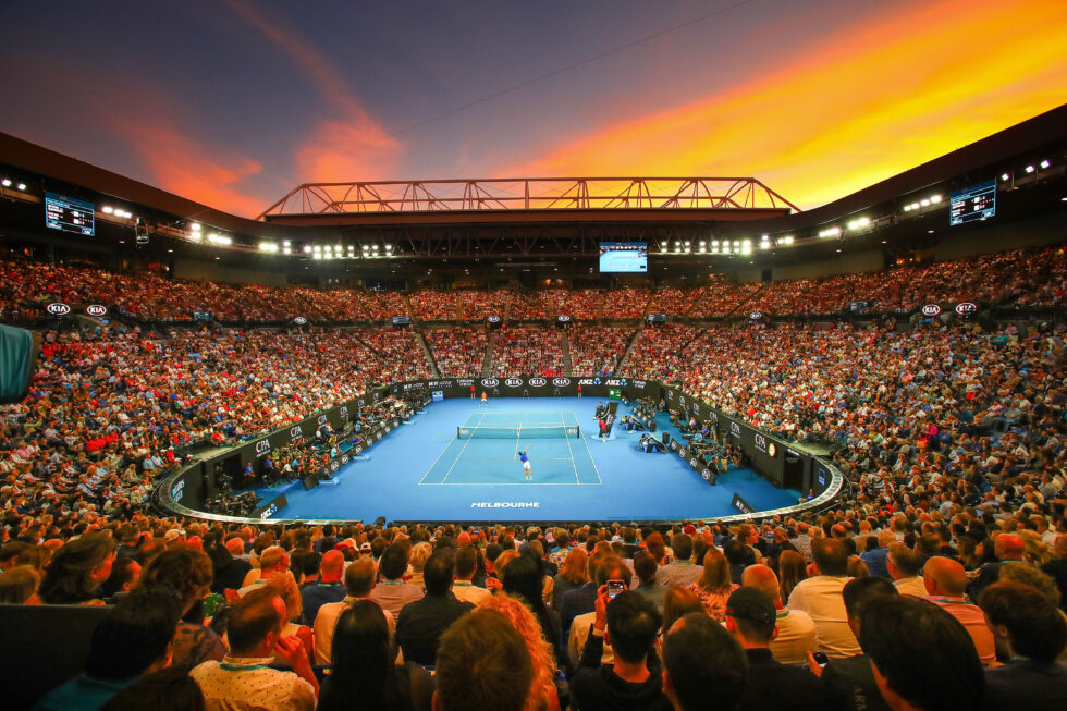 Sunset at the Australian Open. crowd shot and tennis court